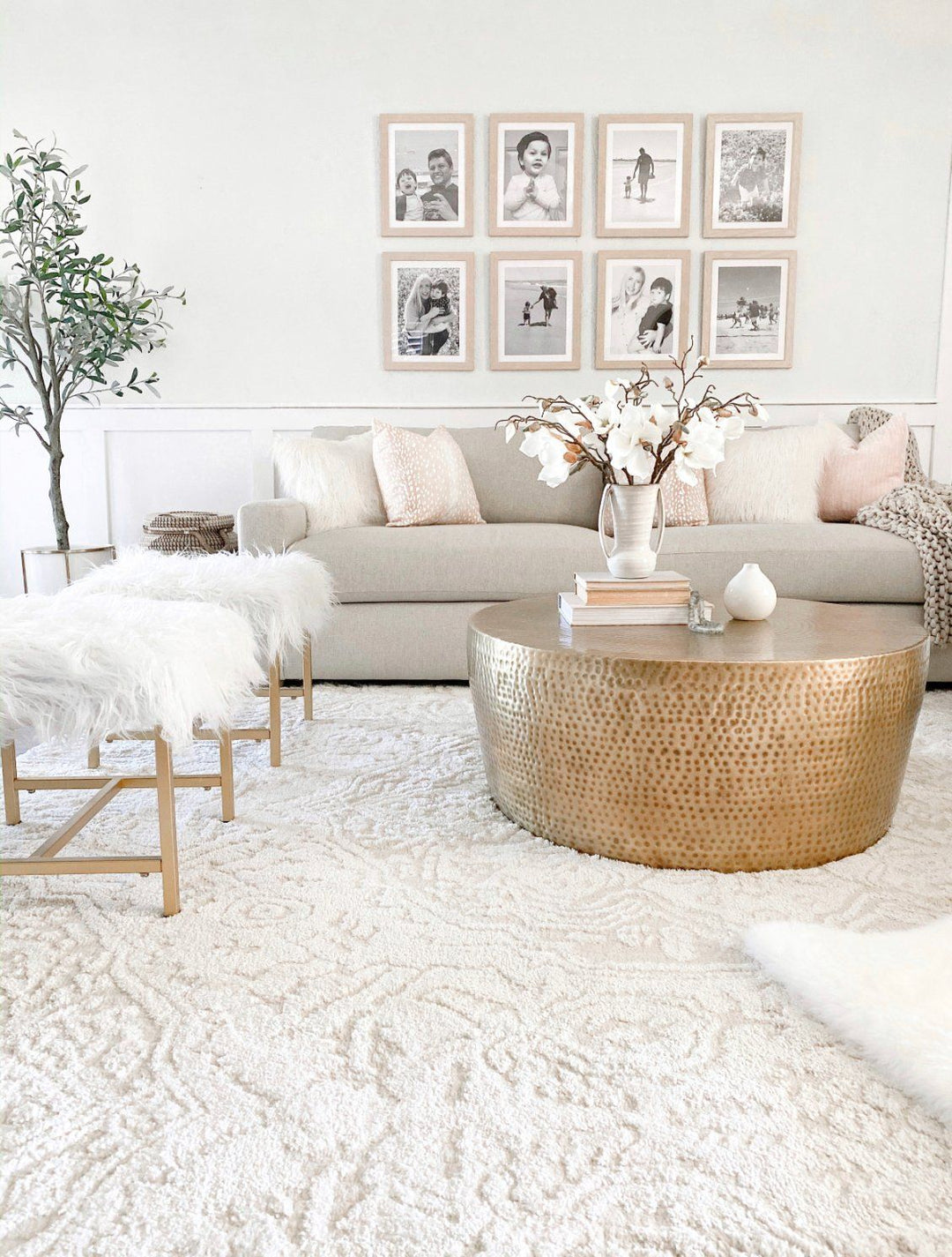 Elegant Cream Living Room with Plush Rug Description: A sophisticated living room featuring a plush cream rug, neutral-toned furniture, and soft lighting, creating a cozy and inviting atmosphere.
