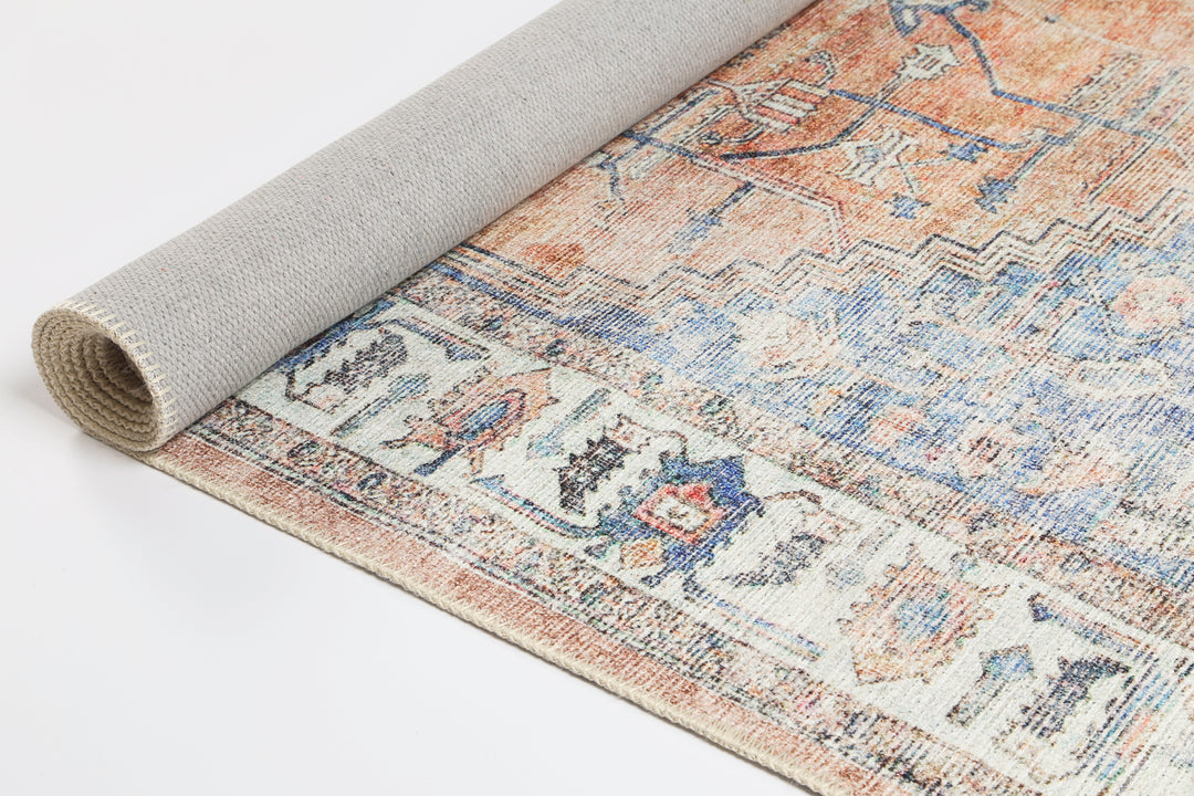 Pissarro Terracotta Blue Washable Rug - VITAL 3163-00