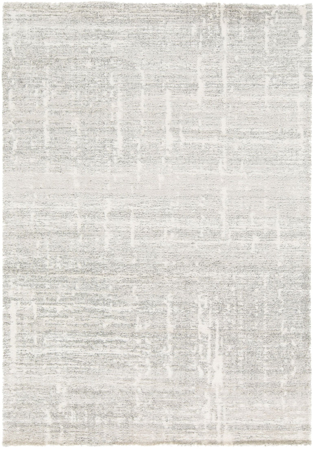 Full view of a rectangular grey patterned rug.