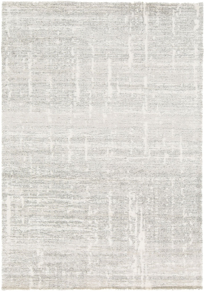 Full view of a rectangular grey patterned rug.