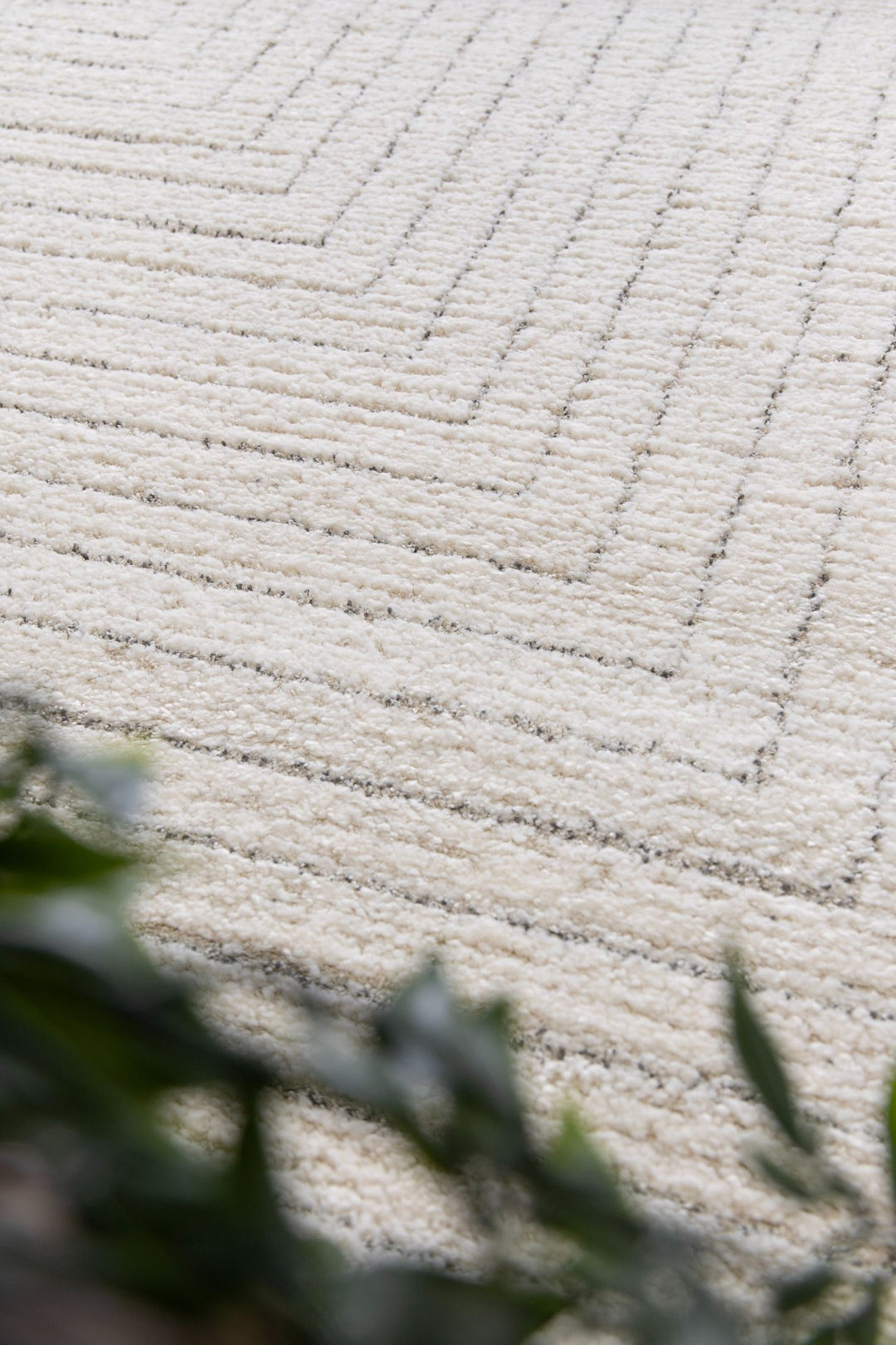 A textured cream rug with linear design partially framed by greenery.