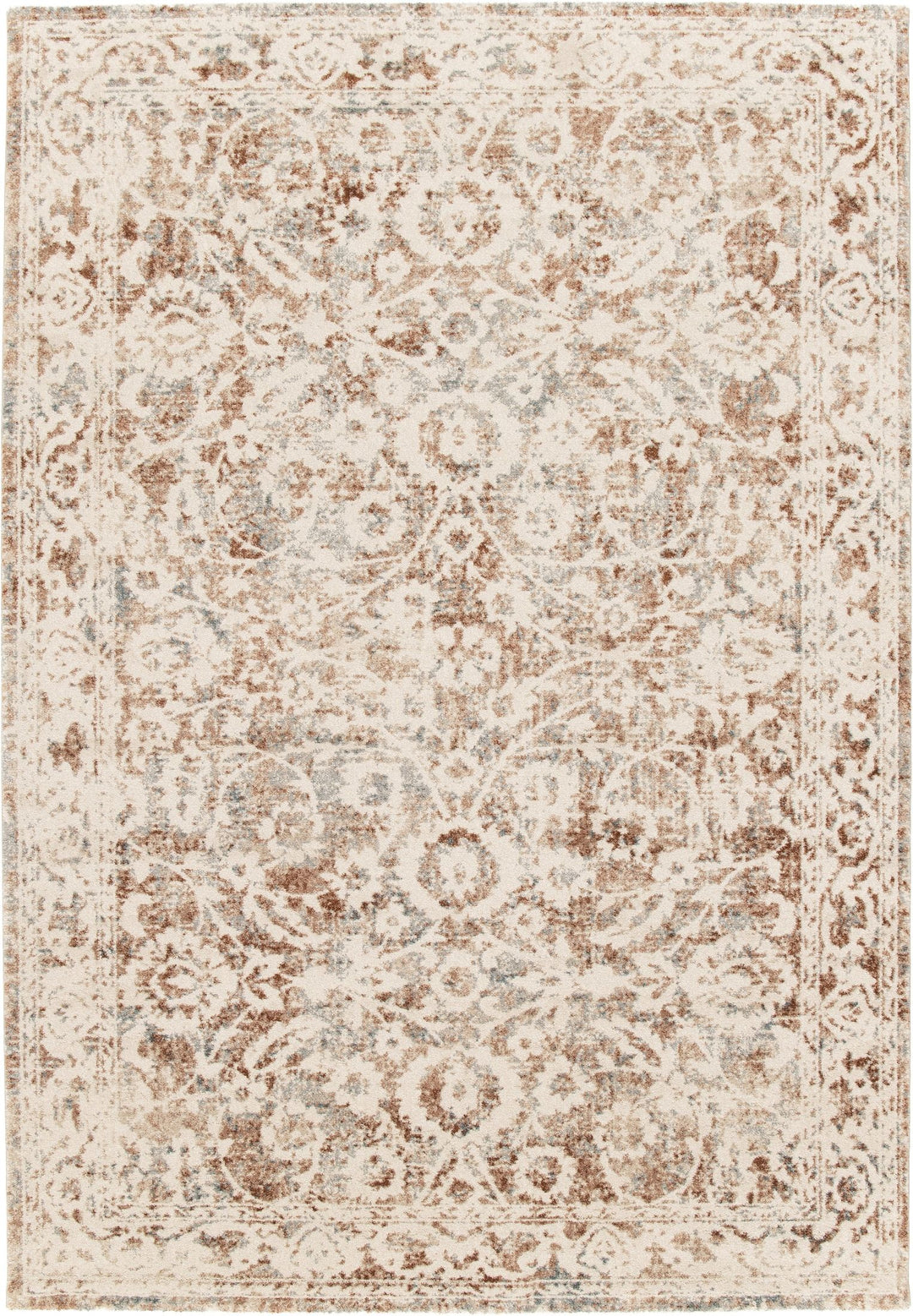 Detailed close-up of the rug’s beige and rust fibers.