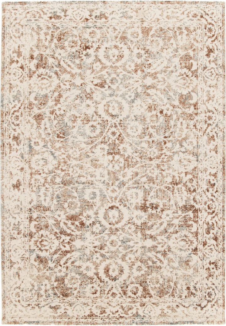 Detailed close-up of the rug’s beige and rust fibers.