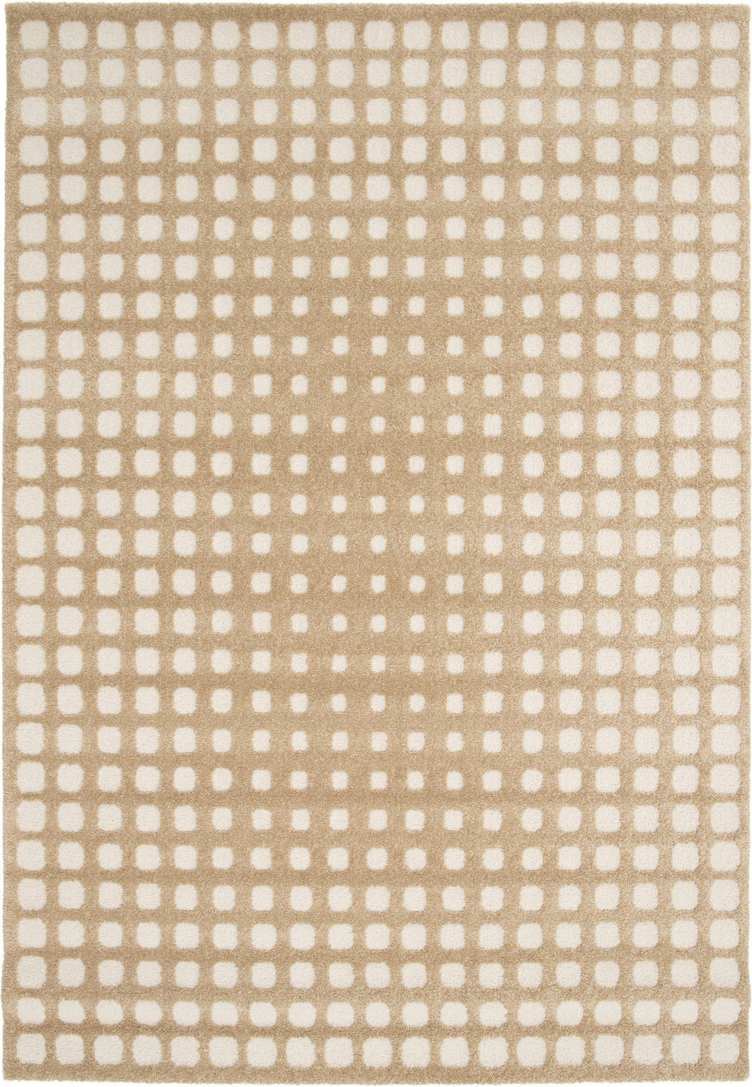 Beige rug with white square dot pattern.