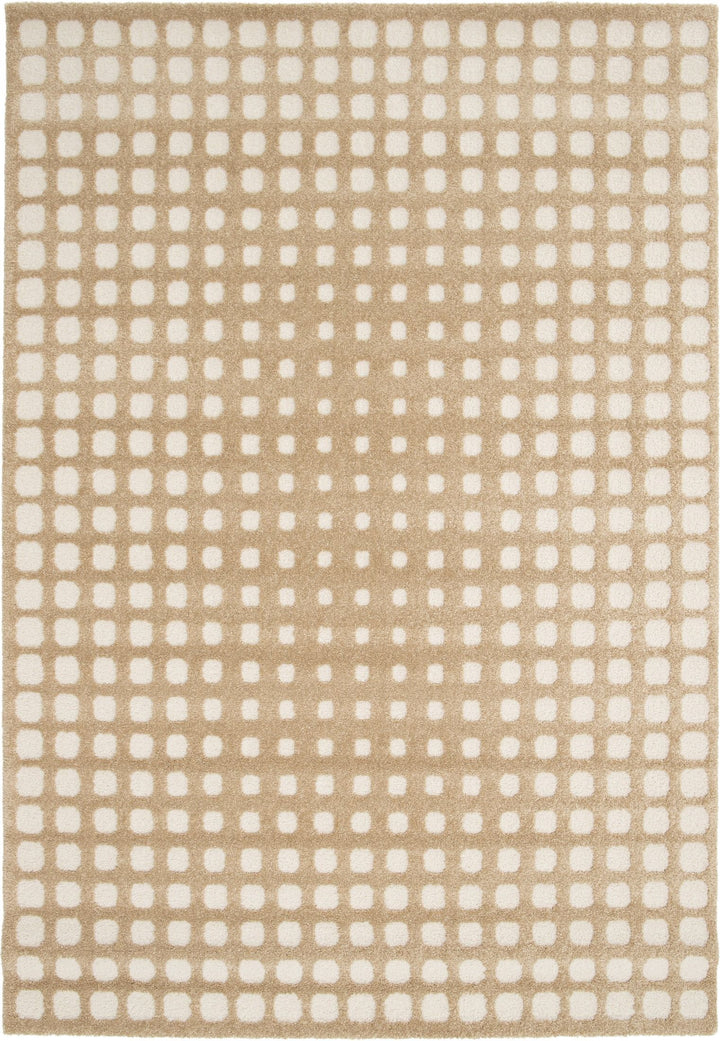 Beige rug with white square dot pattern.