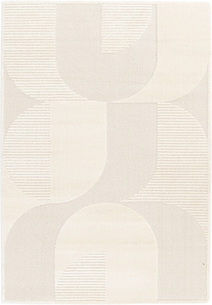 Cream geometric rug with subtle curved pattern.