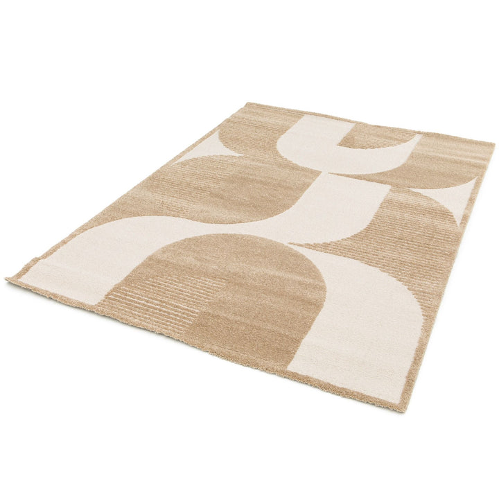 Beige rug with geometric design.