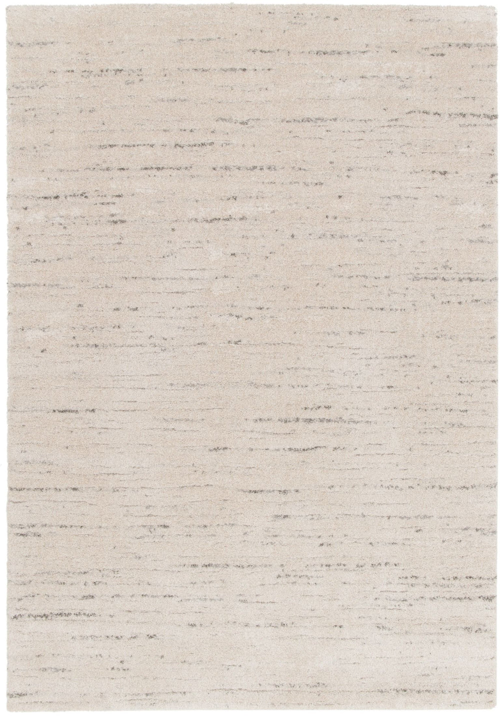Top-down view of rectangular cream rug with grey streaks.