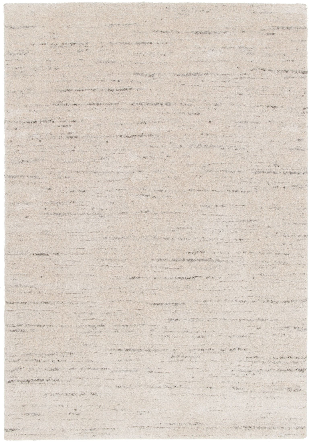 Top-down view of rectangular cream rug with grey streaks.