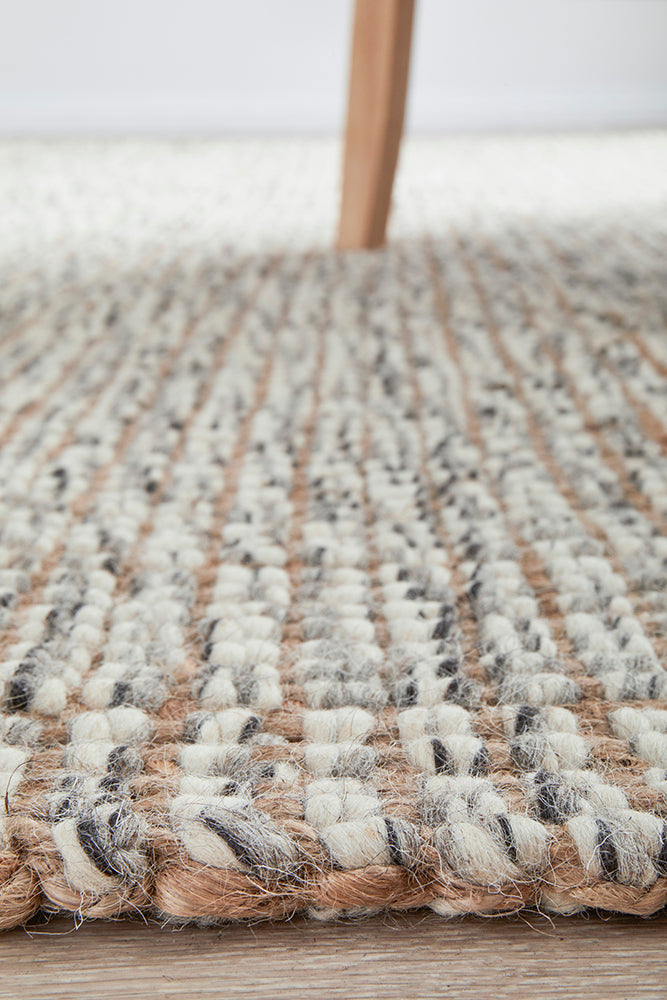 Close-up texture of Arabella grey runner showing 20mm hand-loomed wool jute pile detail