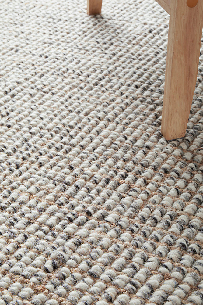 Arabella grey area rug highlighting premium wool jute blend construction and sophisticated grey tones