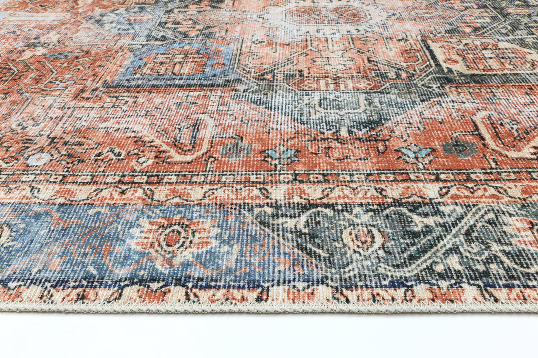 Distressed Vintage Cezanne Terracotta Blue Washable Rug - VITAL 1610-01