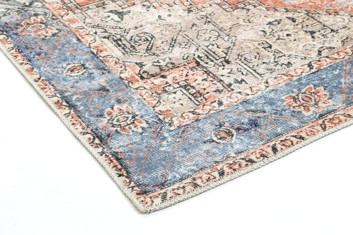 Distressed Vintage Cezanne Terracotta Blue Washable Rug - VITAL 1610-01