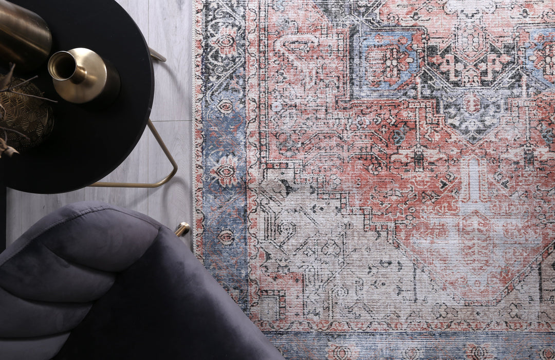 Distressed Vintage Cezanne Terracotta Blue Washable Rug - VITAL 1610-01