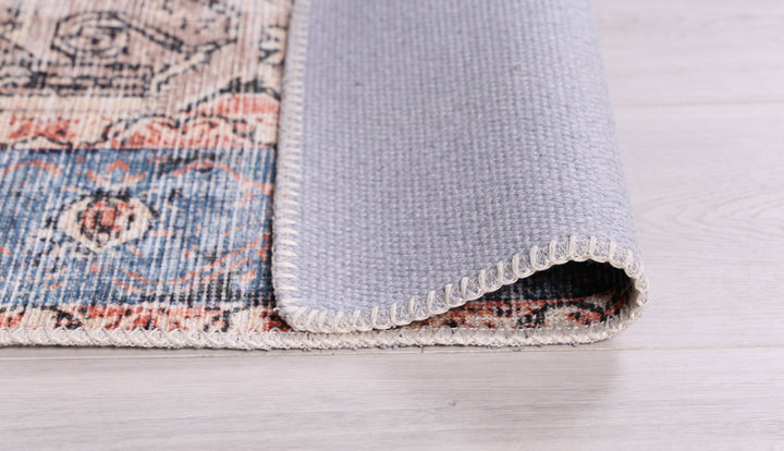 Distressed Vintage Cezanne Terracotta Blue Washable Rug - VITAL 1610-01