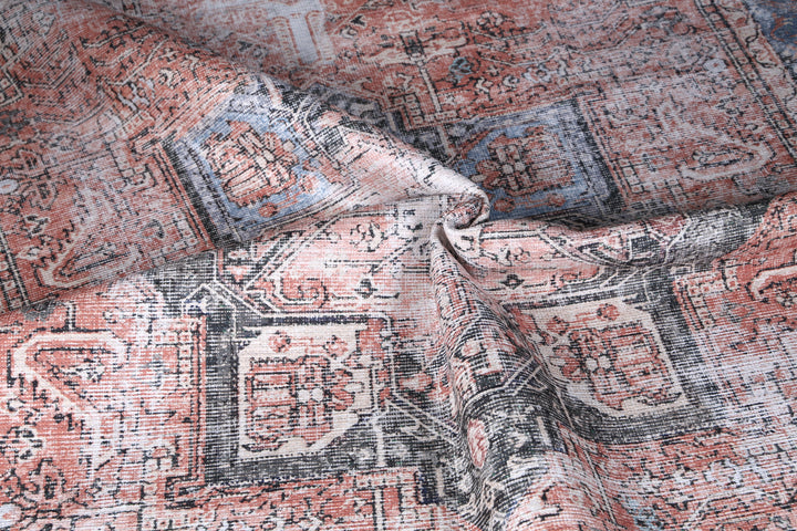 Distressed Vintage Cezanne Terracotta Blue Washable Rug - VITAL 1610-01