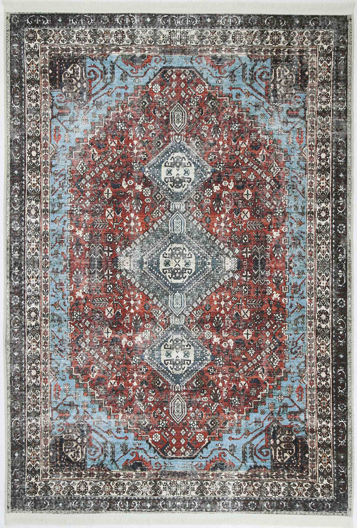 Loane Distressed Vintage Ruby & Sky Blue Rug - VITAL 2923-00 (with fringe)