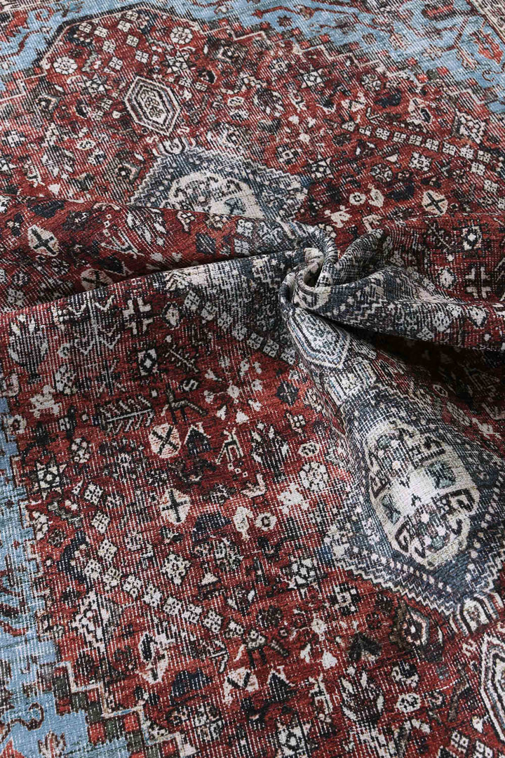 Loane Distressed Vintage Ruby & Sky Blue Rug - VITAL 2923-00 (with fringe)