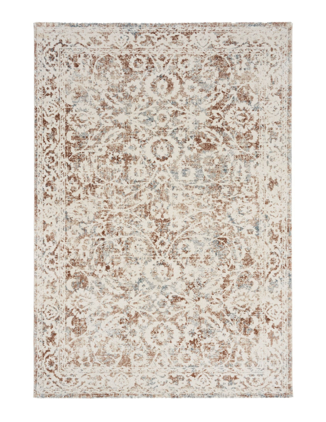 A beige and brown patterned rug with white background.