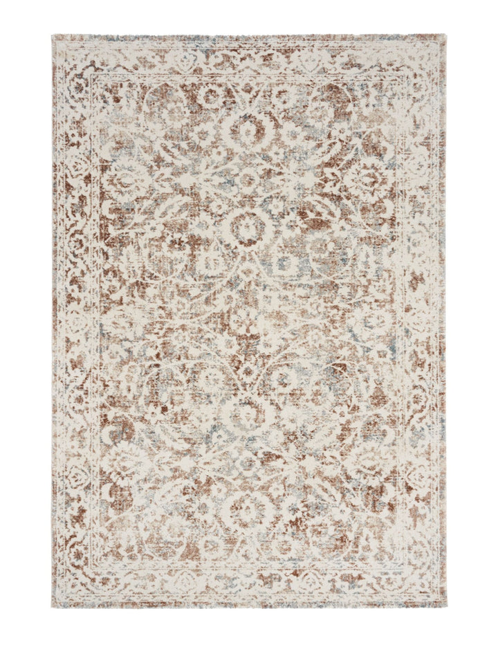 A beige and brown patterned rug with white background.