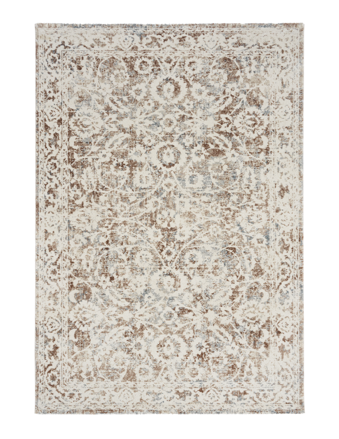 Close-up of a rug corner with beige and brown floral design.