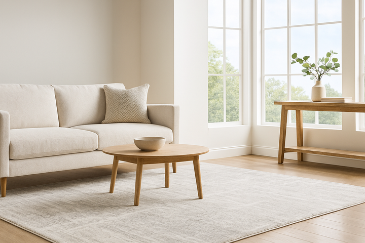 Modern living room with a grey rug under a beige sofa and wooden table.