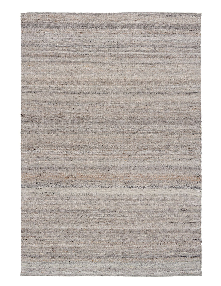 Full view of dark grey textured rug with horizontal weave pattern.
