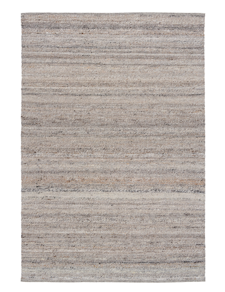 Rectangular dark grey woven rug with subtle texture and color variations.
