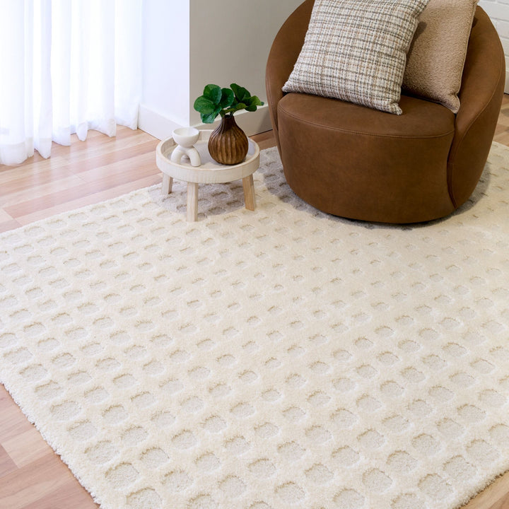 A white rug under a round chair and side table in a modern room.