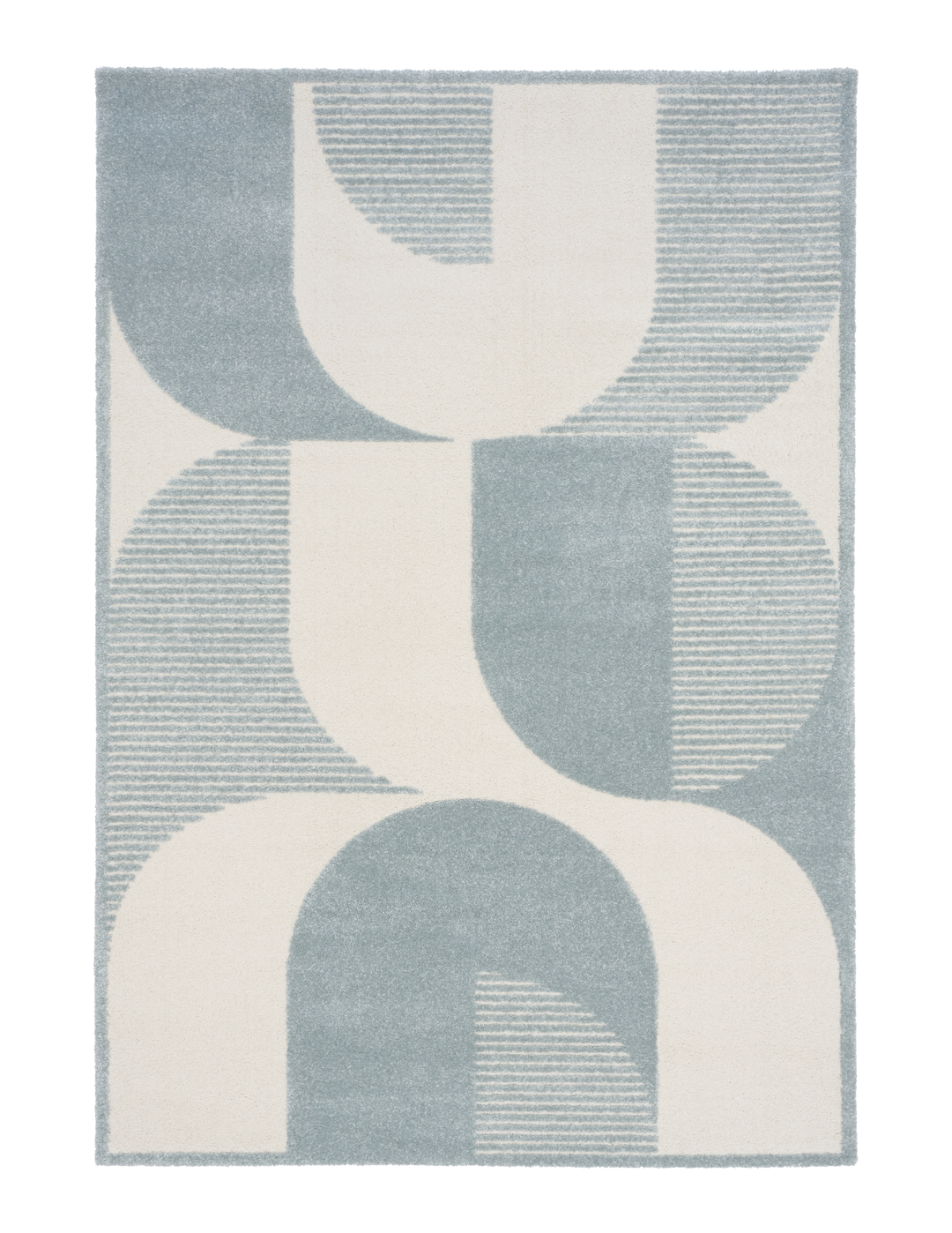 Full view of blue and cream abstract patterned rug.