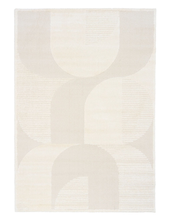 Cream rug with abstract curved design pattern.