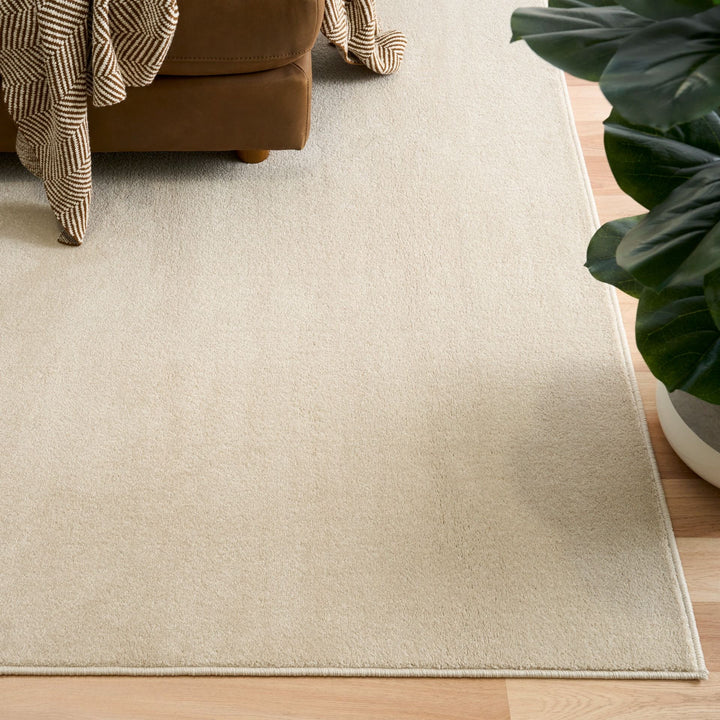 Ecru rug styled with sofa and plant.