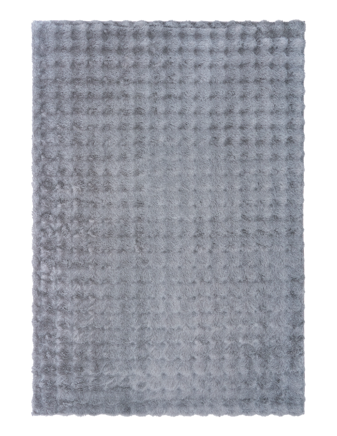 Full view of light grey textured fluffy rug on plain background.