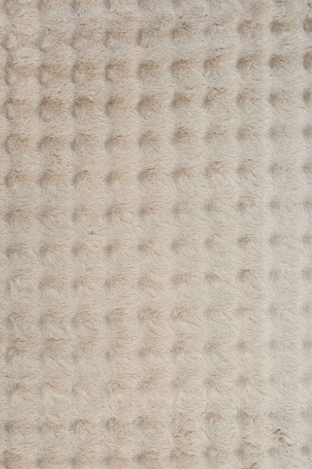 Close-up of light beige textured fluffy rug fabric.