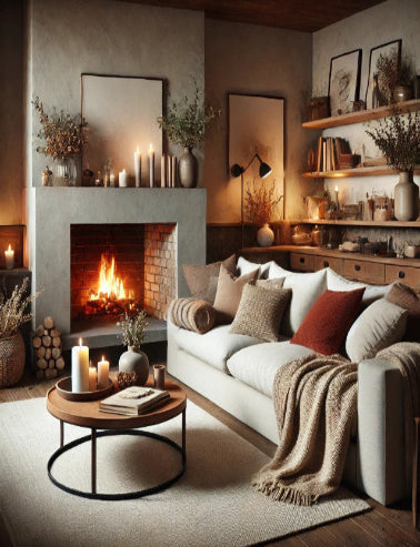 Cozy living room with a fireplace, candles, and decorative items.
