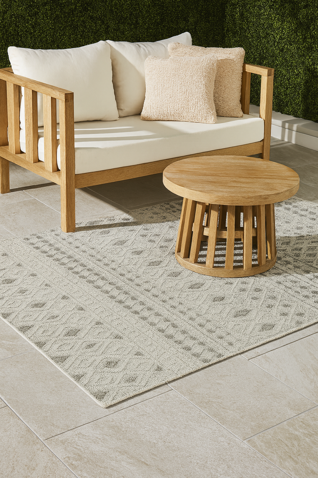 Outdoor alfresco area featuring a neutral geometric-patterned rug South Morang