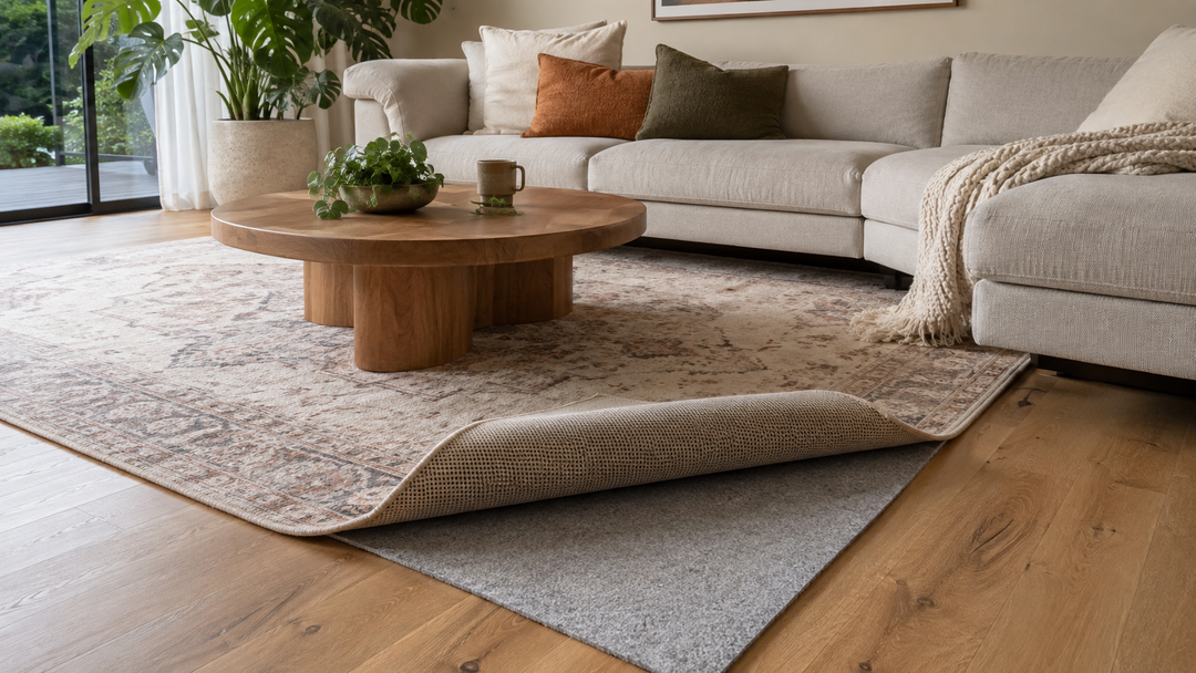 Area rug lifted to reveal woven backing and rug underlay on timber flooring in a modern living room