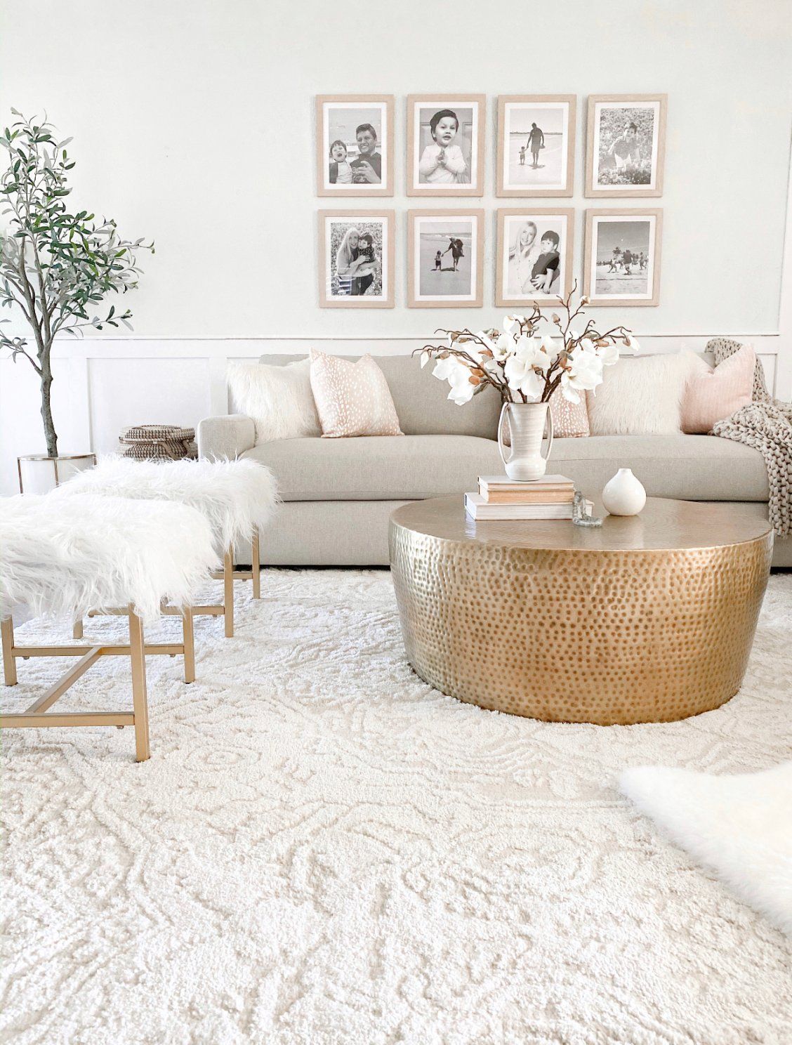 Elegant Cream Living Room with Plush Rug  Description: A sophisticated living room featuring a plush cream rug, neutral-toned furniture, and soft lighting, creating a cozy and inviting atmosphere.