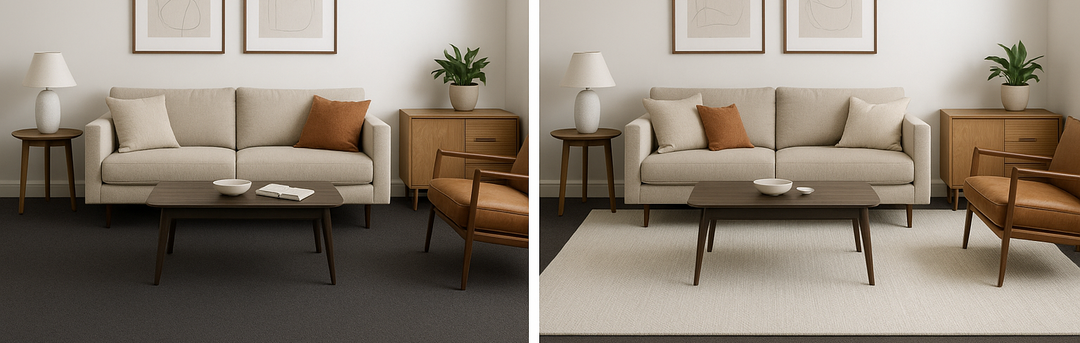 Before and after comparison showing a light wool rug layered over dark rental carpet to brighten and define a Melbourne living room.
