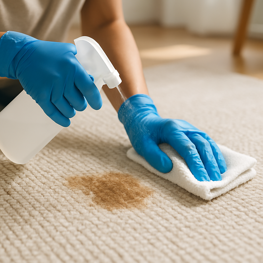 Person wearing blue cleaning gloves spraying stain remover and scrubbing a visible brown stain on a beige woven rug with a microfiber cloth in natural home lighting