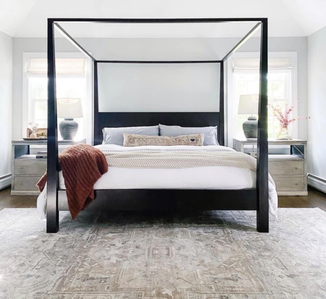 plush beige bedroom rug under queen bed