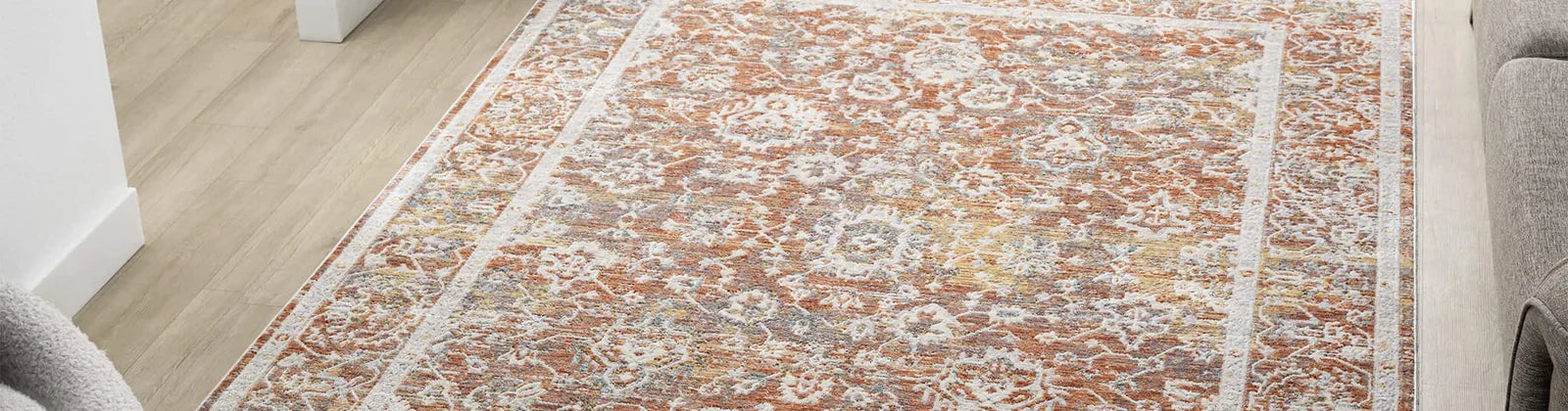 Transitional rugs blend elements of modern and traditional styles together. These rugs may feature patterns similar to a classic or traditional rug with a distressed worn-out faded look.