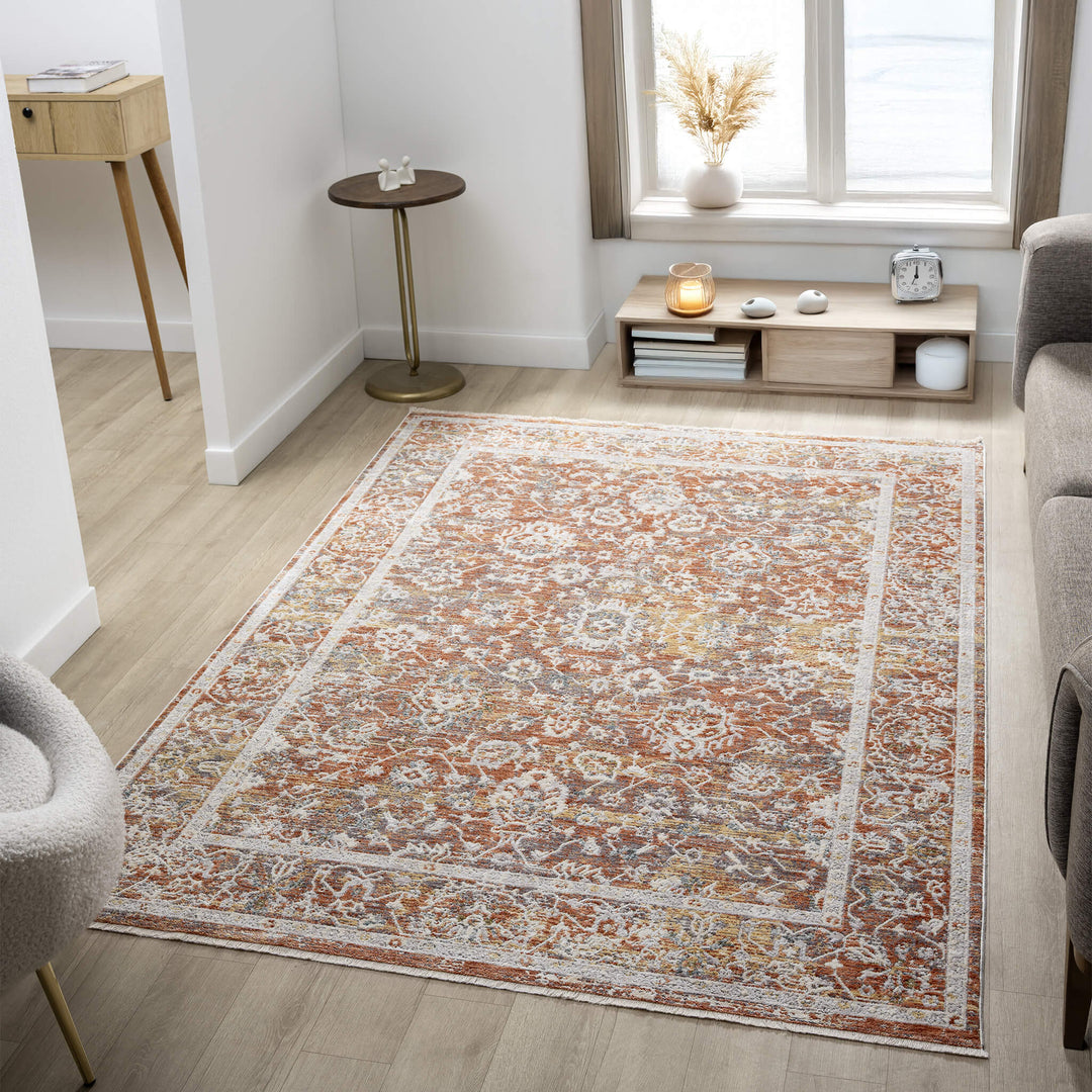 Transitional rugs blend elements of modern and traditional styles together. These rugs may feature patterns similar to a classic or traditional rug with a distressed worn-out faded look.
