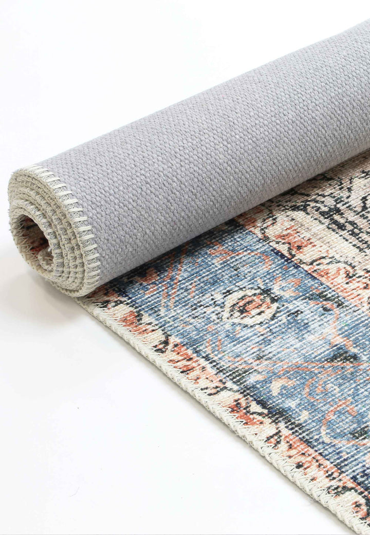Distressed Vintage Cezanne Terracotta Blue Washable Runner - VITAL 1610-01
