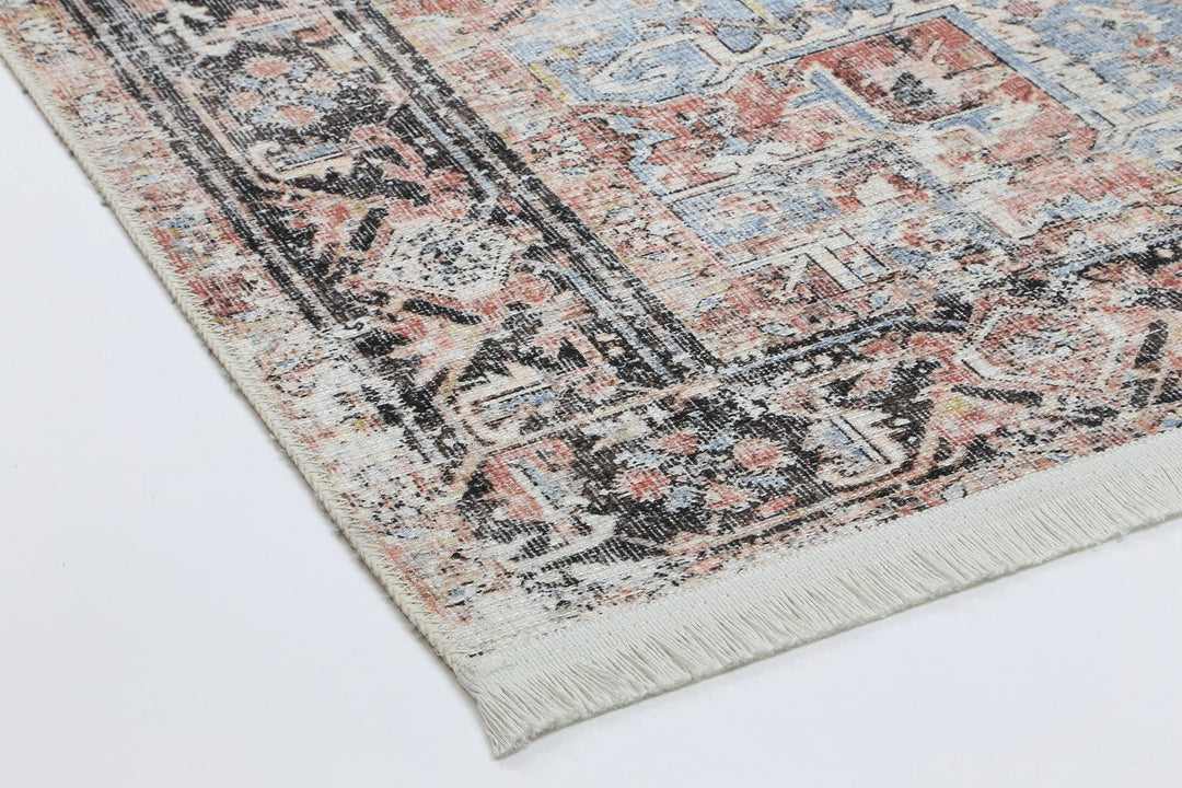 Annabel Distressed Vintage Terracotta & Sky Blue Rug - VITAL 2664-07 (with fringe)
