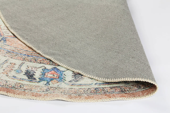 Pissarro Terracotta Blue Washable Round Rug - VITAL 3163-00