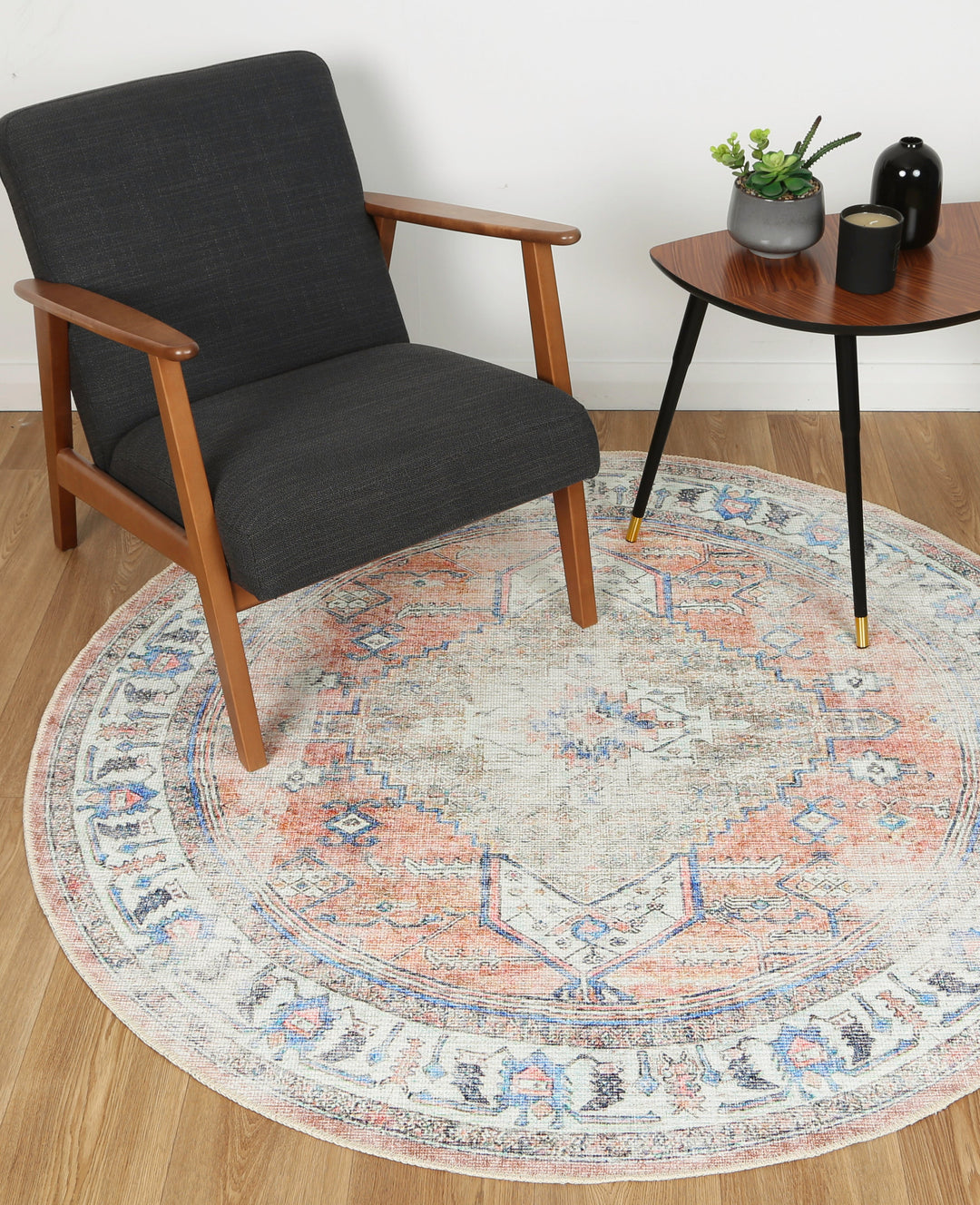Pissarro Terracotta Blue Washable Round Rug - VITAL 3163-00