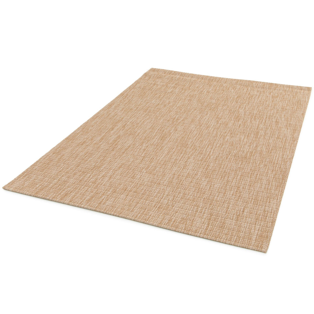 Perspective view of Barton rug in Sand with flatwoven basketweave and clean edges on white.