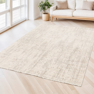 Beige rug styled in a bright living room.