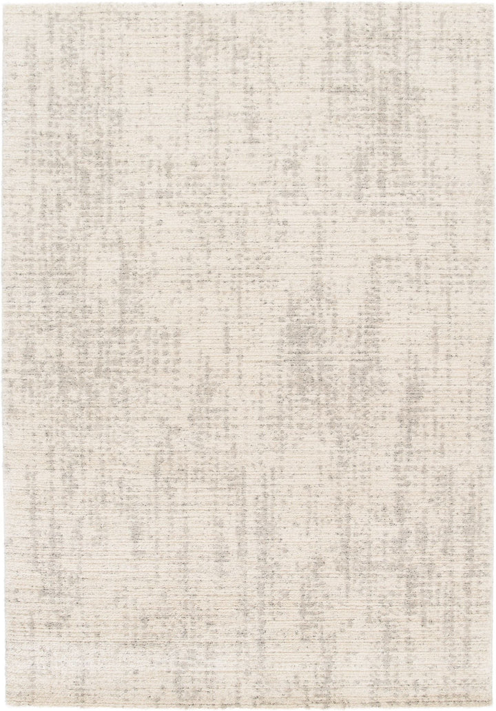 Top-down view of a patterned beige rug.